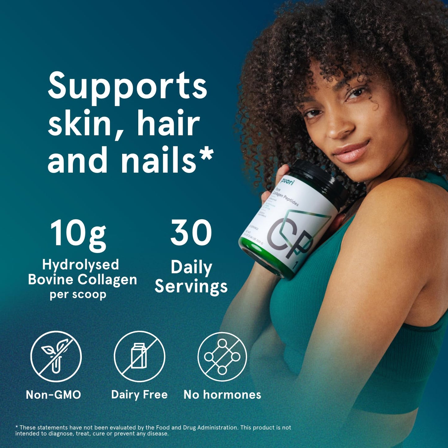 Puori Pure Collagen Peptides Powder, Unflavored - 10g of Grass-Fed Hydrolyzed Bovine Collagen Supports Skin Health, Hair & Nail Strength,
