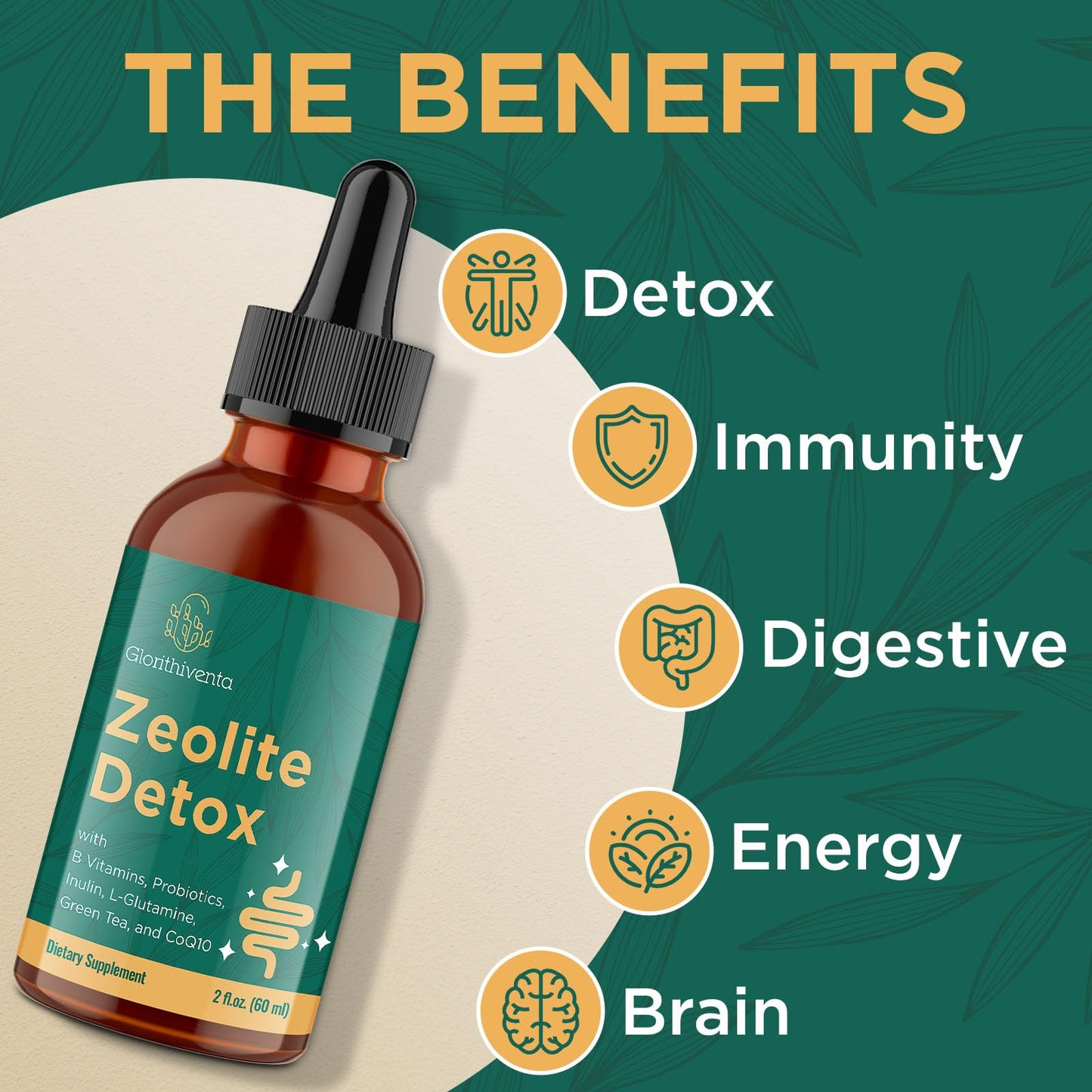 Glorithiventa Zeolite Detox for Adults, Zeolite Liquid Drops with Vitamin B, Probiotic Blend - Energy, Gut, Focus - 2 Fl Oz (1 Bottle)