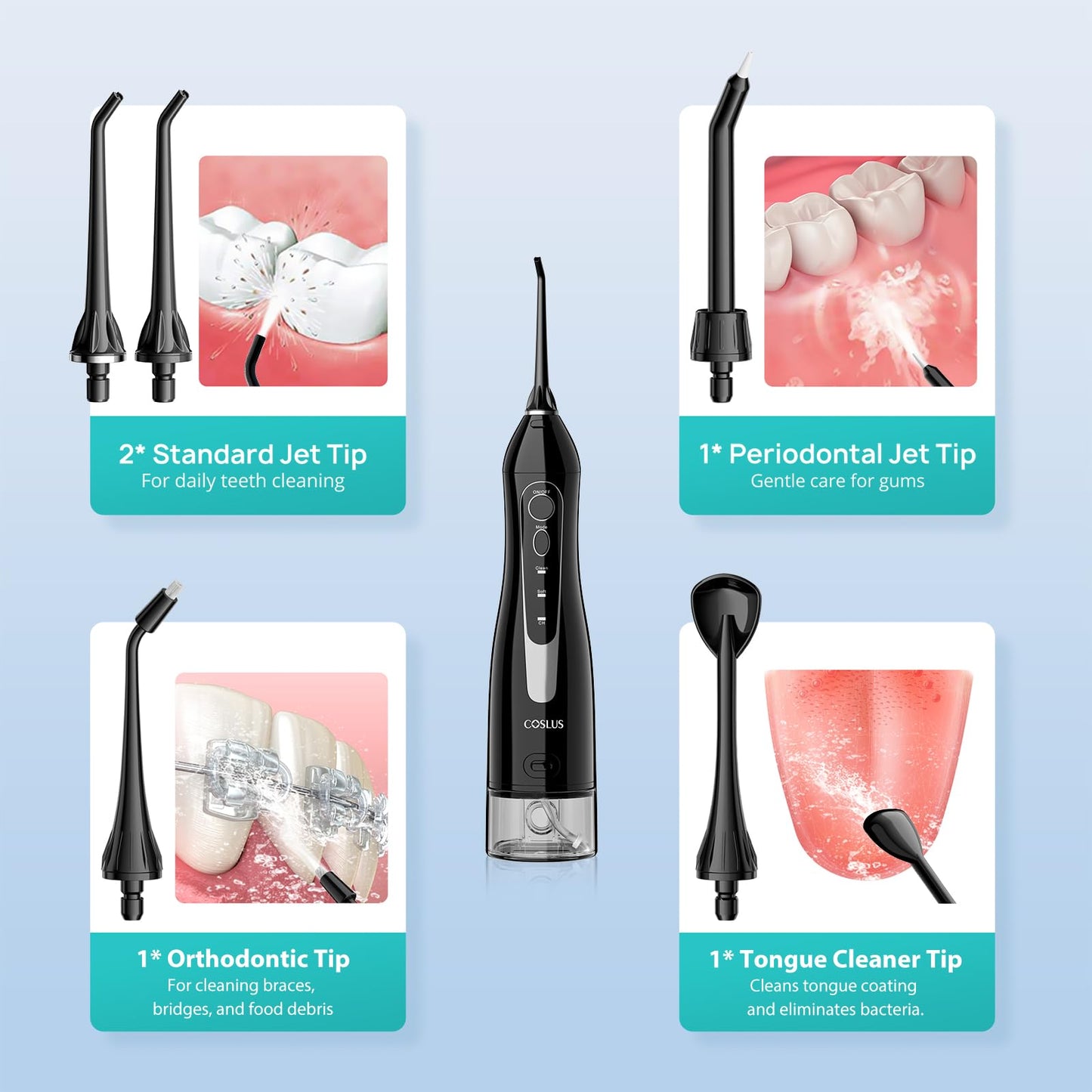 COSLUS Water Dental Flosser Teeth Pick C20: ADA Accepted, Portable Cordless Oral Irrigator 300ML Rechargeable Travel Irrigation Cleaner IPX7 Waterproof Electric