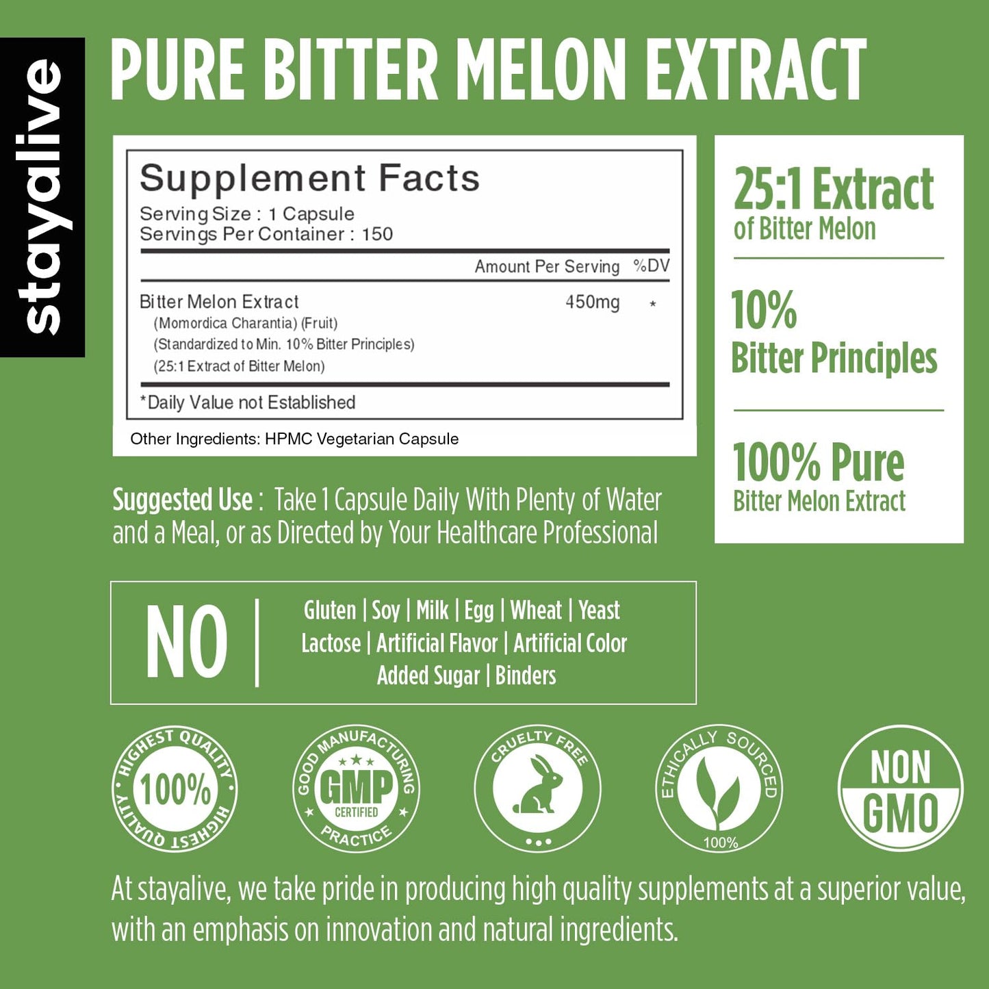 STAY ALIVE Extra Strength Bitter Melon Capsules, 10% Bitter Principles, 150 Pills, 25X Concentrated Powder, 5 Month Supply, Non-GMO & Gluten Free