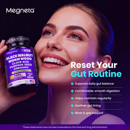 MEGNETA Wormwood Black Walnut Clove Cleanse for Humans, Intestinal Cleanse & Gut Detox with Pumpkin Seed & Oregano