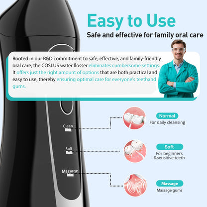 COSLUS Water Dental Flosser Teeth Pick C20: ADA Accepted, Portable Cordless Oral Irrigator 300ML Rechargeable Travel Irrigation Cleaner IPX7 Waterproof Electric