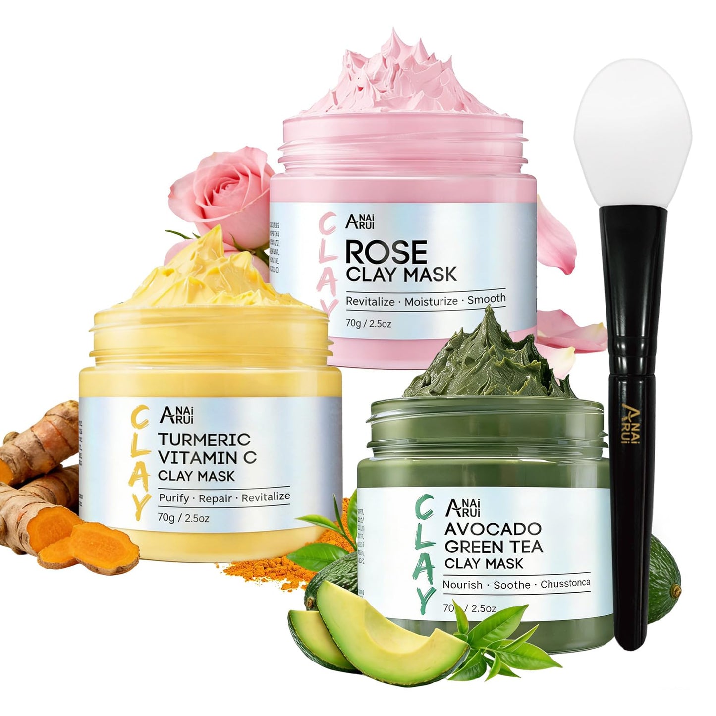ANAI RUI 3 Pack Clay Mask Set Turmeric Vitamin C Clay Mask -Rose Facial Mask -Avocado Green Tea Mud Mask Smoothing, Hydration & Glow,Spa Gift Set
