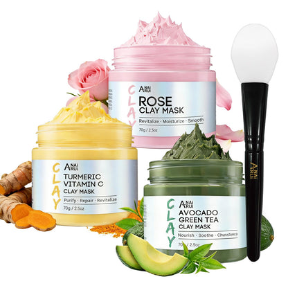 ANAI RUI 3 Pack Clay Mask Set Turmeric Vitamin C Clay Mask -Rose Facial Mask -Avocado Green Tea Mud Mask Smoothing, Hydration & Glow,Spa Gift Set