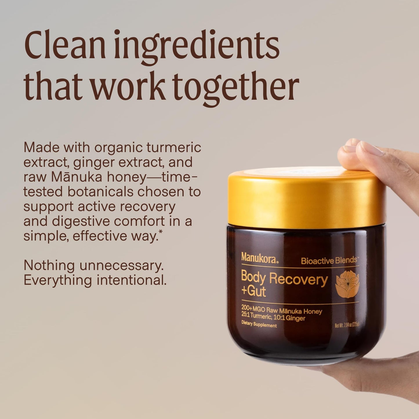 Manukora Body Recovery + Gut Supplement, Turmeric & Ginger with Manuka Honey, Supports Recovery, Gut Health & Digestive Comfort, Improved Absorption, 3rd-Party Tested, Non-GMO, 225g Jar
