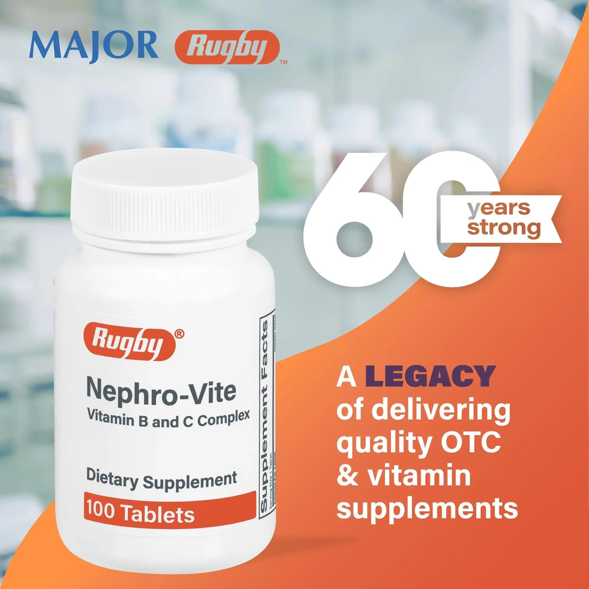 Rugby Nephro-Vite Vitamin B and C Complex Tablets - Dietary Supplement - 100 Count (1 Pack) RUGBY LABORATORIES