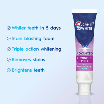 Crest 3D White Advanced, Teeth Whitening Toothpaste for Adults, 3.7 oz, 4 Pack, Cavity Protection Fluoride Toothpaste,