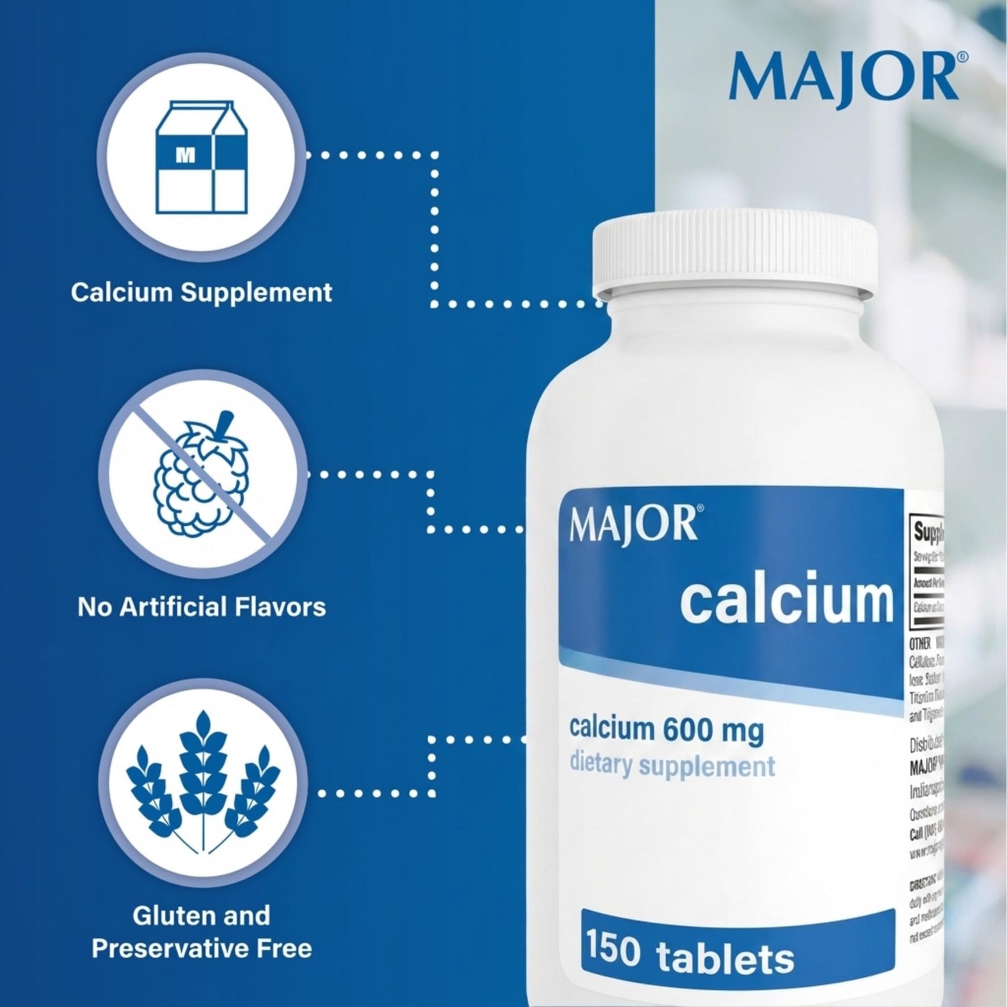 Major 600mg Calcium Tablets - Calcium Supplement - 150 Count (1 Pack)