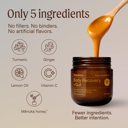 Manukora Body Recovery + Gut Supplement, Turmeric & Ginger with Manuka Honey, Supports Recovery, Gut Health & Digestive Comfort, Improved Absorption, 3rd-Party Tested, Non-GMO, 225g Jar