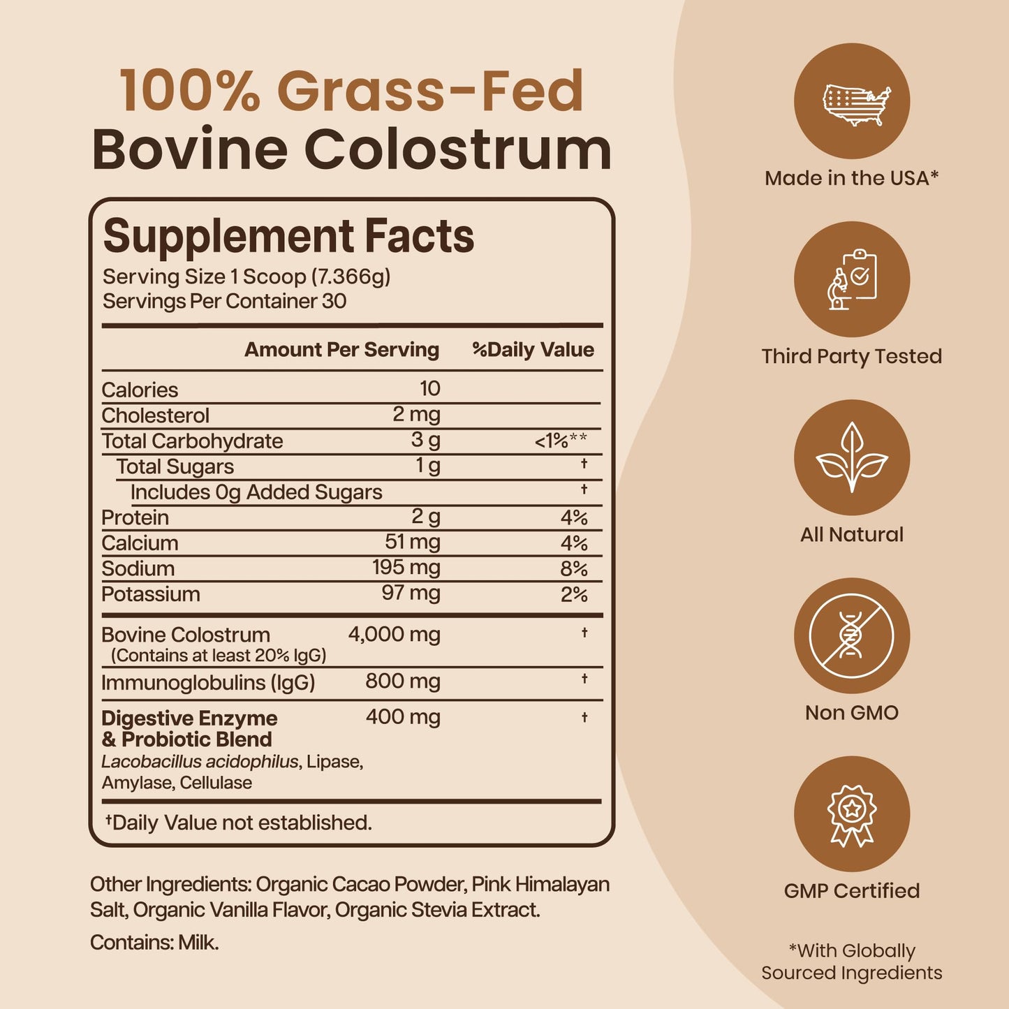 Baese Nutrition Organic Chocolate 4000mg Grass Fed Bovine Colostrum Powder + Probiotics Colostrum Supplement for Kids