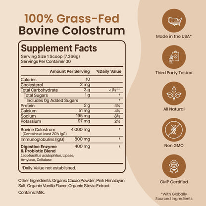 Baese Nutrition Organic Chocolate 4000mg Grass Fed Bovine Colostrum Powder + Probiotics Colostrum Supplement for Kids