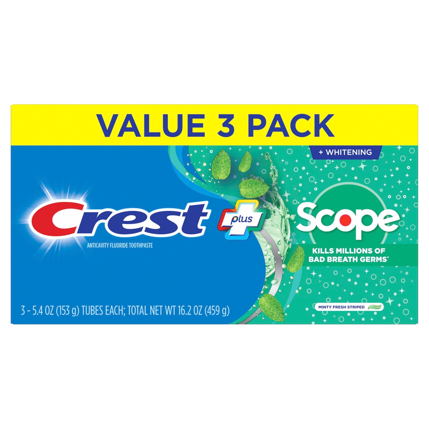 Crest + Scope Whitening Toothpaste - Pack of 3, 5.4 Oz Tubes - Anticavity Fluoride Toothpaste, Fresh Breath, Kills Germs - Tartar Protection,