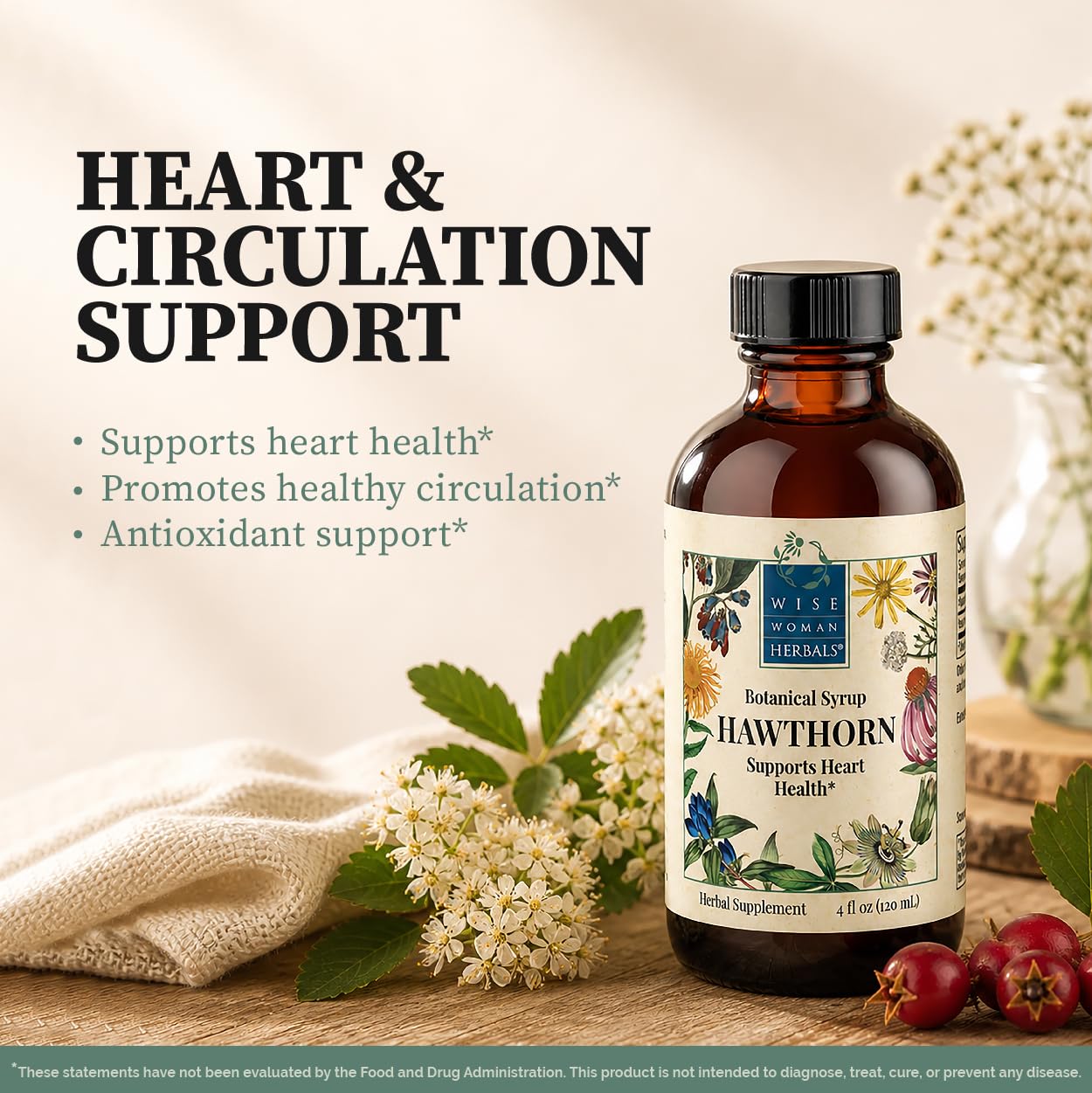 Wise Woman Herbals Hawthorn Botanical Syrup, Alcohol-Free Hawthorn Berry Solid Extract 4:1, Promotes Healthy Circulation, Antioxidant Protection, Herbal Cardiovascular Support, 4 Fl Oz