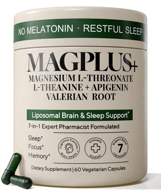 Supplement container labeled 'MAGPLUS+' with text about sleep support on a white background