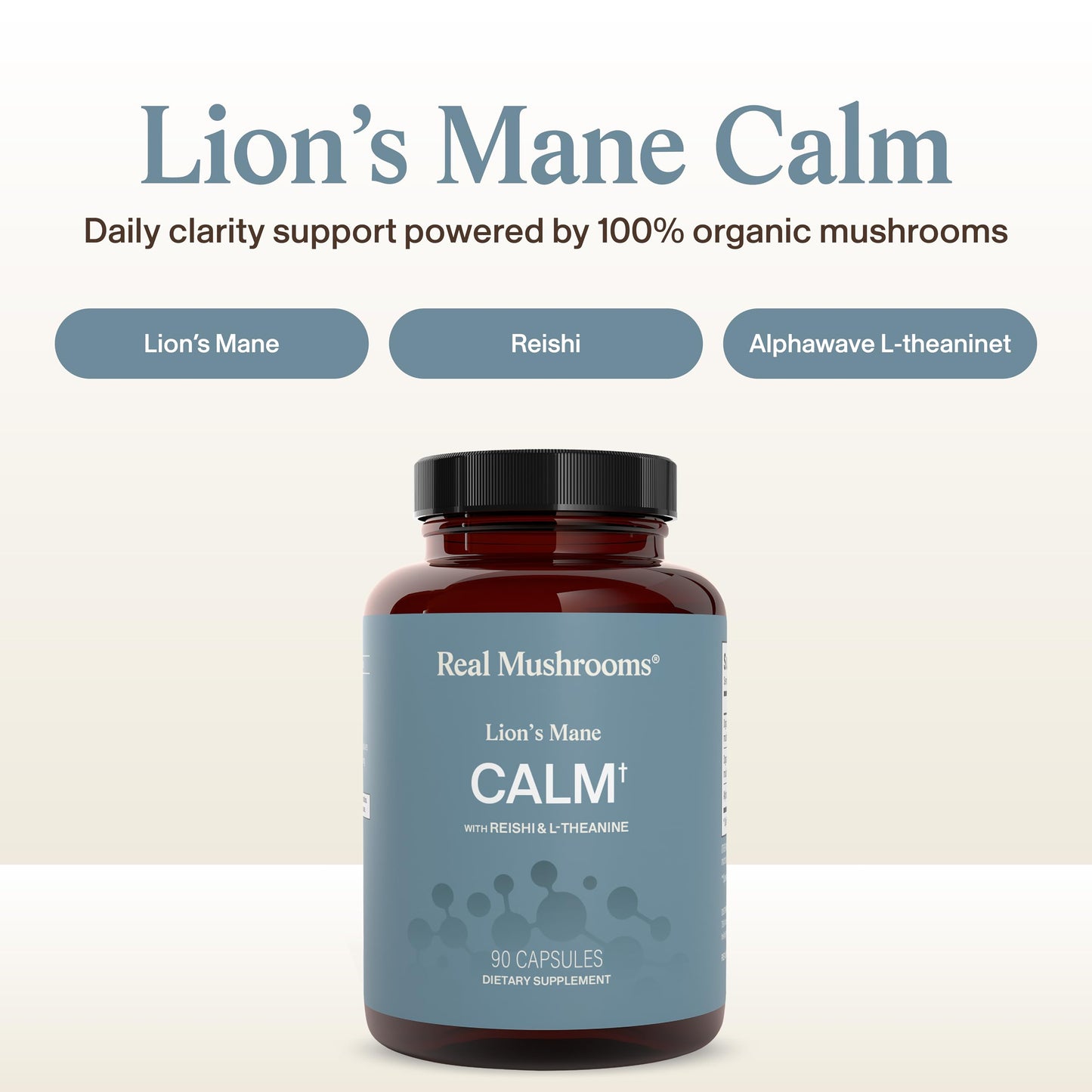 Real Mushrooms Calm Lions Mane Capsules (90 Count) – 400mg Organic Lions Mane Fruiting Body Extracts, 200mg Organic Reishi, 200mg AlphaWave L-Theanine for Calm Clarity & Relaxed Alertness, 90ct