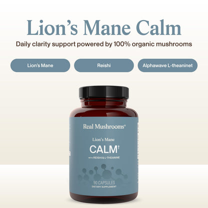 Real Mushrooms Calm Lions Mane Capsules (90 Count) – 400mg Organic Lions Mane Fruiting Body Extracts, 200mg Organic Reishi, 200mg AlphaWave L-Theanine for Calm Clarity & Relaxed Alertness, 90ct