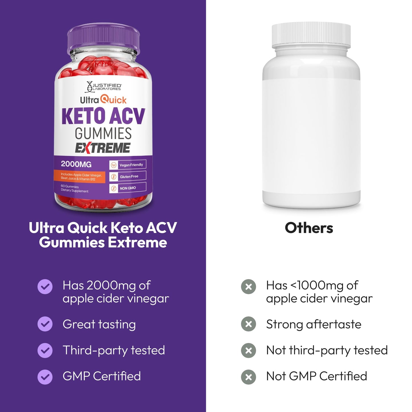 Justified Laboratories Ultra Quick Keto ACV Gummies Extreme (2000 mg) - 60 Count - Formulated with Apple Cider Vinegar, Folate & Vitamin B12