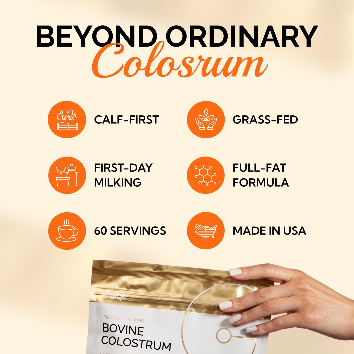 Folqs Bovine Colostrum Powder – First-Day Milking for Immune & Gut Support – 60 Servings – Supports Skin & Tissue Health – Made in USA - Amino Acids,
