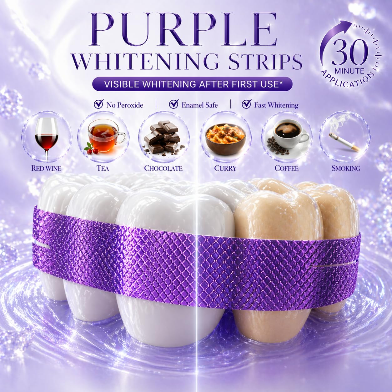 Purple Teeth Whitening Strips, Enamel Safe for Sensitive Teeth, Removes Yellow Stains & Bad Breath, Non-Slip Dry Strip Technology