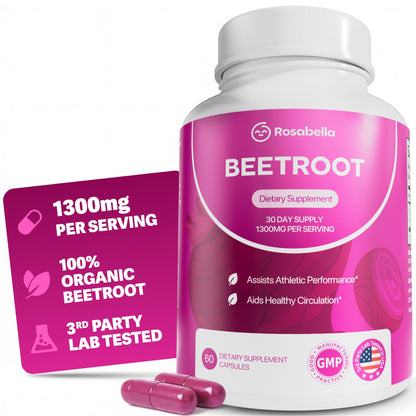 Rosabella Organic Beet Root Capsules - 1300mg Beet Root Powder Aids Healthy Circulation & Vitality, Non-GMO, Beet Root Supplement