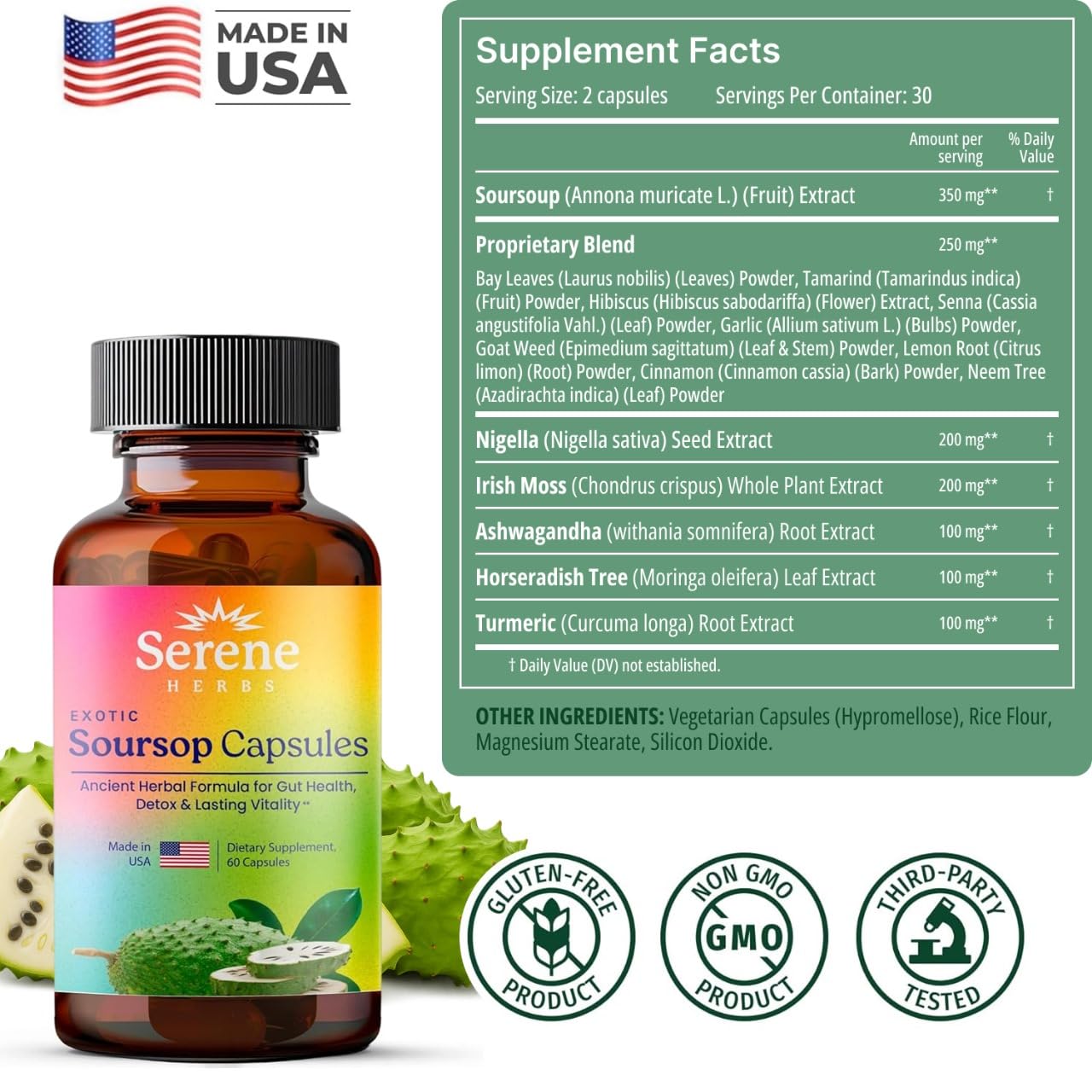 Serene Herbs Graviola Soursop Capsules Organic - Guanabana Extract Pills with Black Seed, Irish Moss & Moringa - 16 Herb Daily Supplements