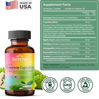 Serene Herbs Graviola Soursop Capsules Organic - Guanabana Extract Pills with Black Seed, Irish Moss & Moringa - 16 Herb Daily Supplements