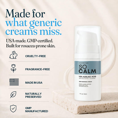 SoCalm Azelaic Acid 10% for Rosacea-Prone Skin – Calms Face Redness & Evens Tone, with Niacinamide & Ceramide NP, Fragrance-Free, 30ml / 1oz