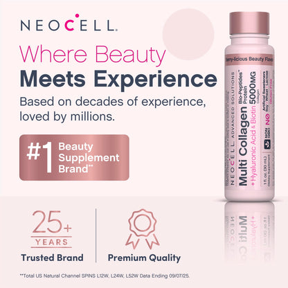 NeoCell Multi Collagen Peptides Liquid | 6 Vials | with Hyaluronic Acid and Biotin | Advanced Formula | Complex Beauty Supplement | Hair, Skin, and Nails