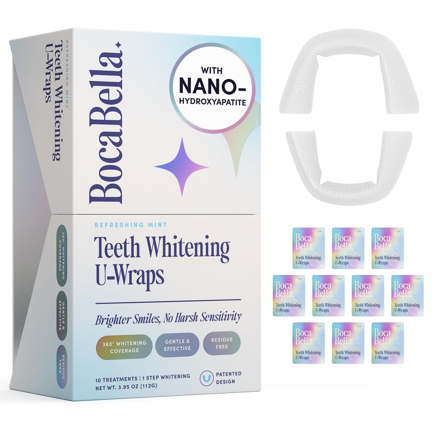 BocaBella Teeth Whitening Trays U-Wraps - 15% Hydrogen Peroxide Whitening Strips & Tray Alternative - Nano-Hydroxyapatite Enamel Safe - 10 Treatments