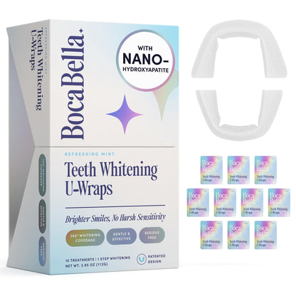 BocaBella Teeth Whitening Trays U-Wraps - 15% Hydrogen Peroxide Whitening Strips & Tray Alternative - Nano-Hydroxyapatite Enamel Safe - 10 Treatments