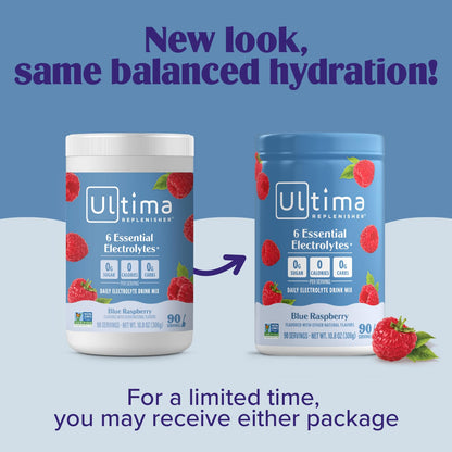 Ultima Replenisher Daily Electrolyte Powder Drink Mix – Sugar Free – Blue Raspberry, 90 Servings – Hydration Powder with 6 Electrolytes and Minerals