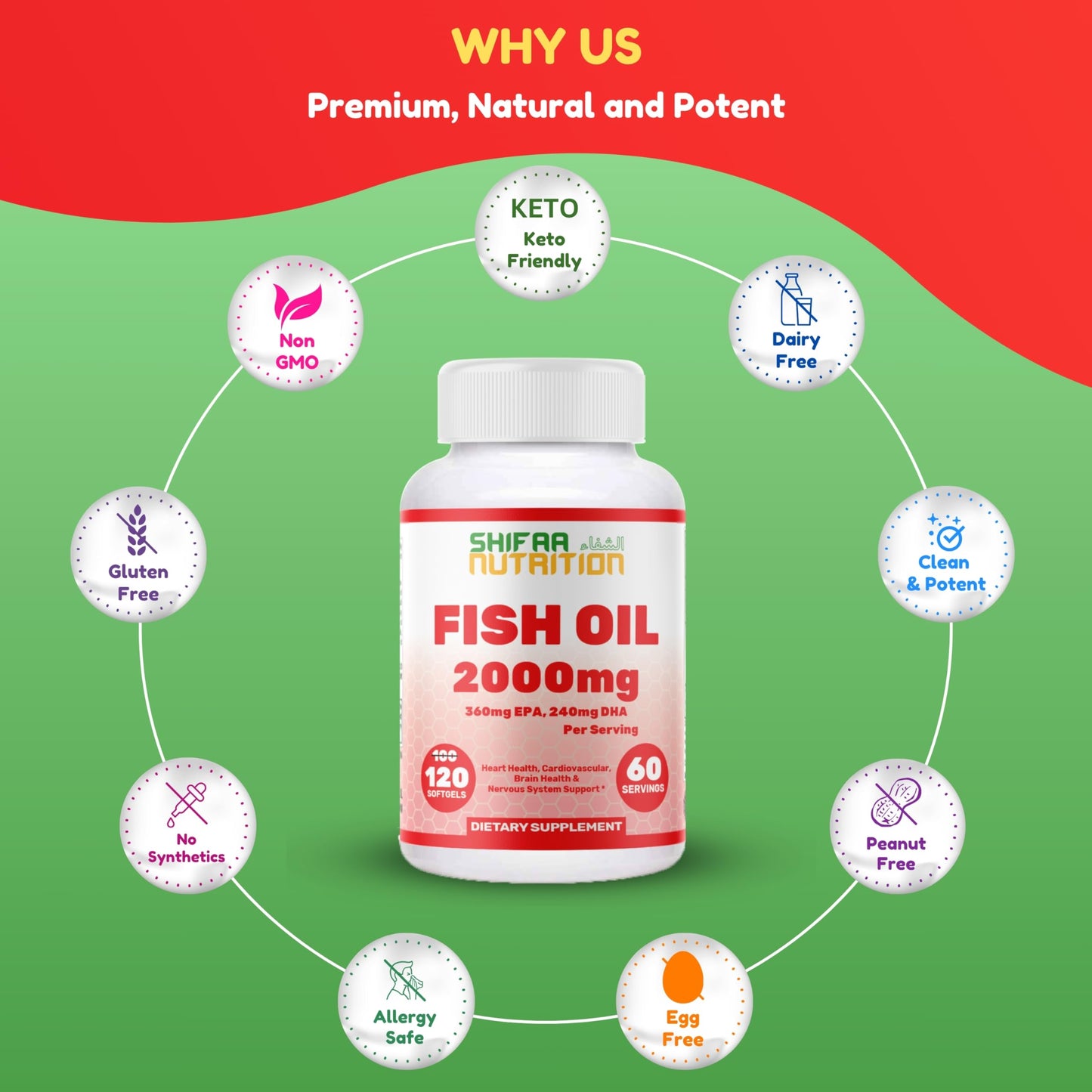 Halal Omega 3 Fish Oil 2000mg - 60 Servings, 120 Softgels. Wild Caught, Purified, Keto Friendly, Non-GMO & Gluten-Free. Brain, Heart & Cardiovascular Support.