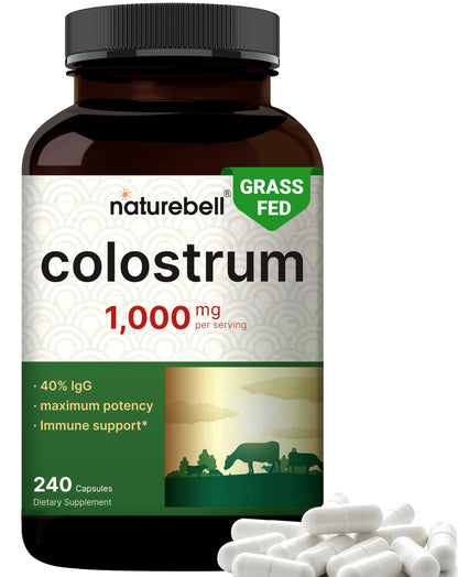 NatureBell Bovine Colostrum Supplement 1,000mg Per Serving, 240 Capsules | 40% IgG Colostrum Powder for Gut Health, Bloating, Skin,