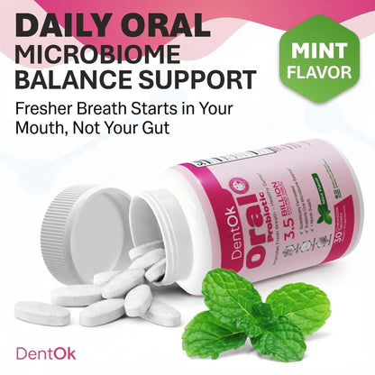Oral Probiotics for Bad Breath & Gum Health – Dental Probiotic Chewable Mint Tablets, Sugar-Free, Gluten-Free – Made in USA – 30-Day Supply - DentOk