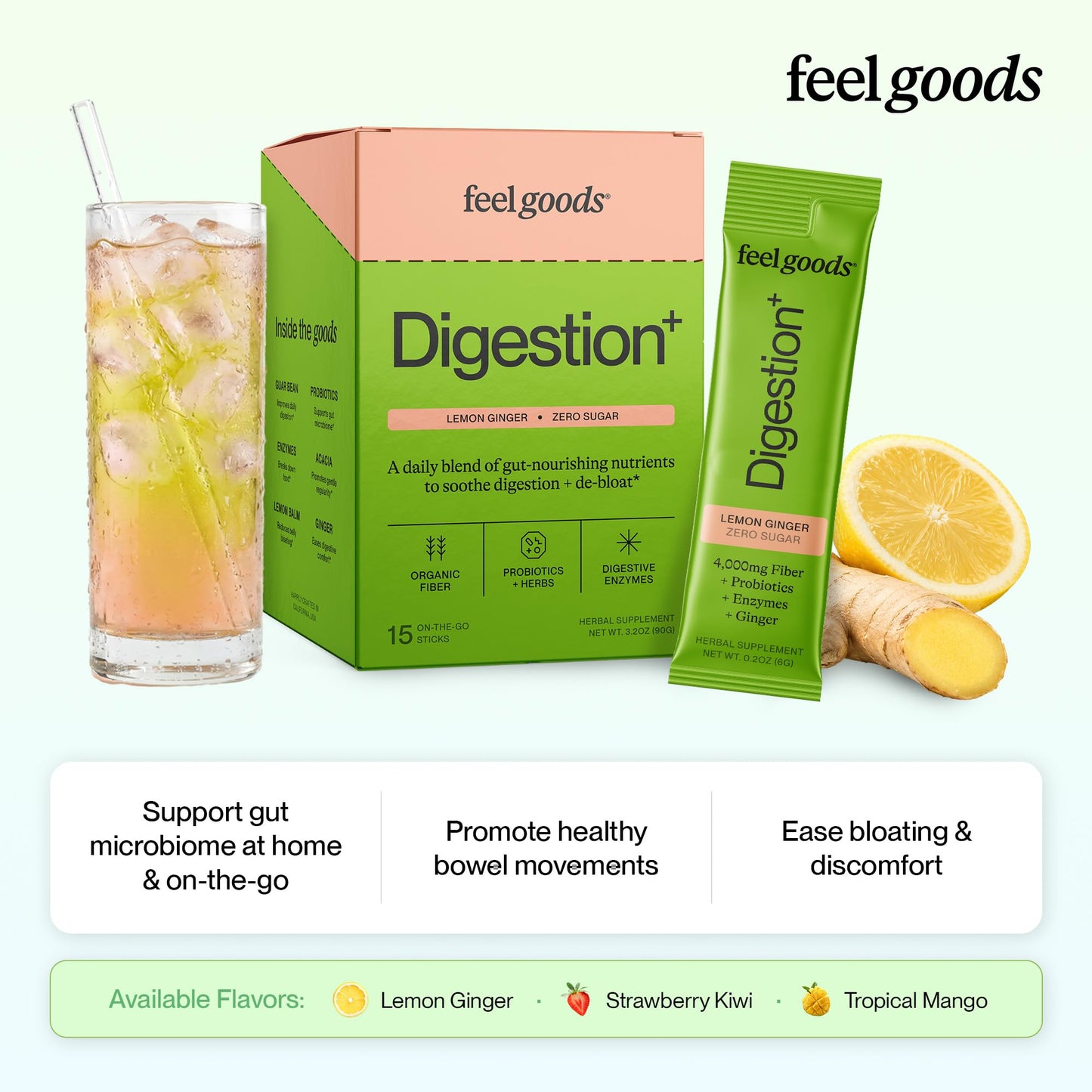 Feel Goods Digestion+, Gut Health, Organic Fiber & Probiotic Drink Mix, Digestive Enzymes for Bloating Relief, Gut Cleanse