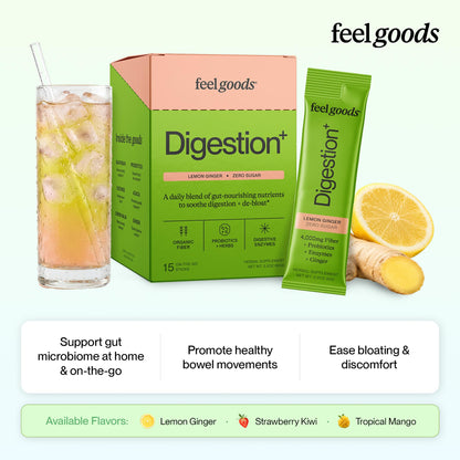 Feel Goods Digestion+, Gut Health, Organic Fiber & Probiotic Drink Mix, Digestive Enzymes for Bloating Relief, Gut Cleanse