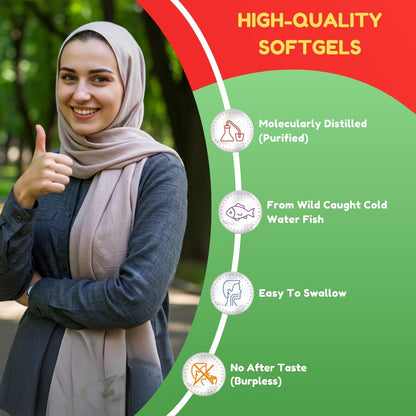 SHIFAA NUTRITION Halal Fish Oil Softgels 120 Ct, Double Strength - Halal Omega 3 Fish Oil Supplements. Wild Caught, Non-GMO & Purified
