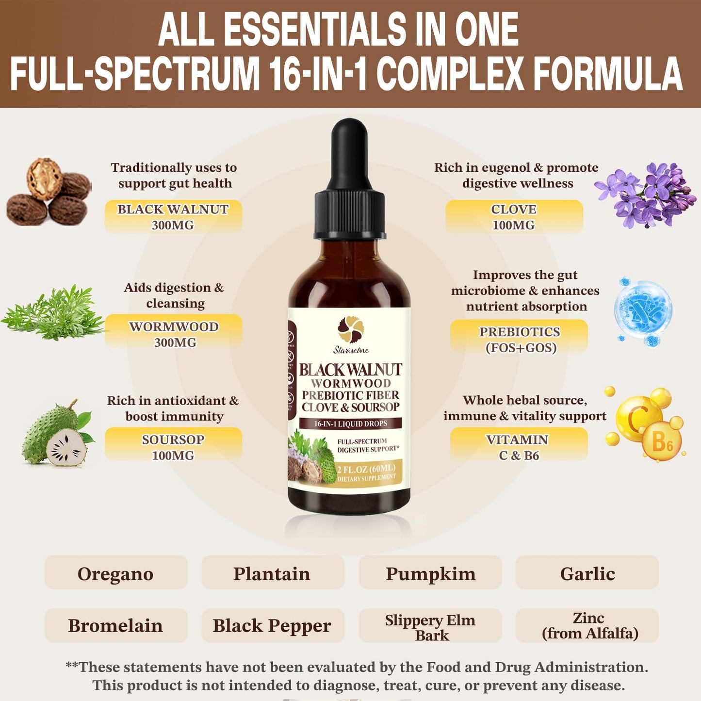 Starisetme Wormwood Black Walnut Cleanse for Humans Tincture – Max Strength Gut Health Prebiotics w/Clove, Soursop,Pumpkin Seed, Plus Vitamins, Minerals for Immune & Mood