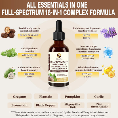 Starisetme Wormwood Black Walnut Cleanse for Humans Tincture – Max Strength Gut Health Prebiotics w/Clove, Soursop,Pumpkin Seed, Plus Vitamins, Minerals for Immune & Mood