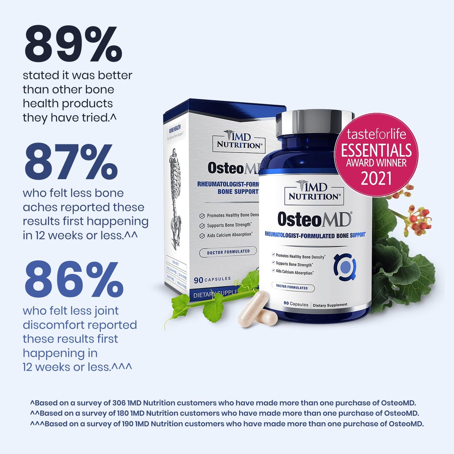 1MD Nutrition OsteoMD for Comprehensive Bone Support | with Calcium Hydroxyapatite, Vitamin D3 & K2 | 180 Capsules (2-Pack)