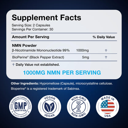 Black Forest NMN Supplements 1000mg (Nicotinamide Mononucleotide) 99% Pure, Stabilized Form, BioPerine® for Enhanced Bioavailability (60 Capsules)