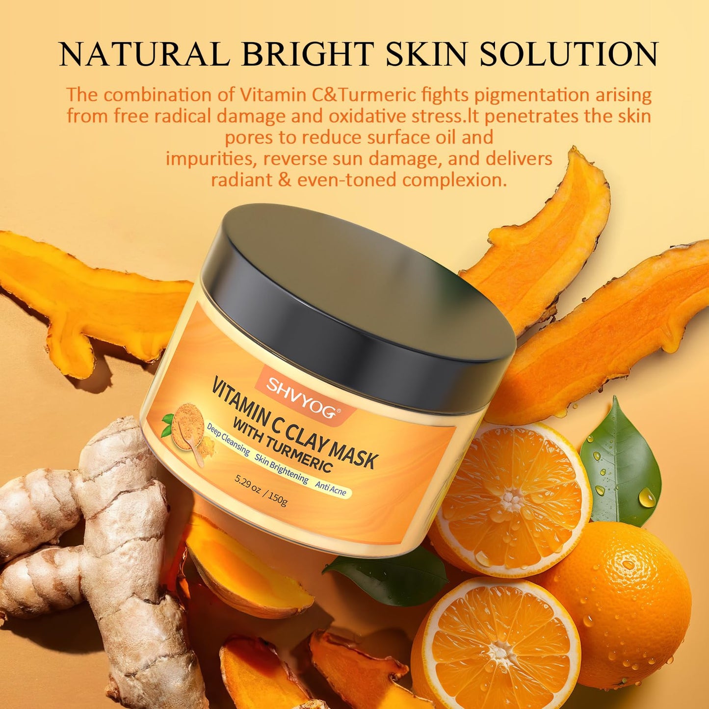 SHVYOG Turmeric Vitamin C Clay Mask with Kaolin Clay for Dull & Blemish-Prone Skin, Deep Cleansing Facial Mask, Face Masks Skincare for Controlling Oil