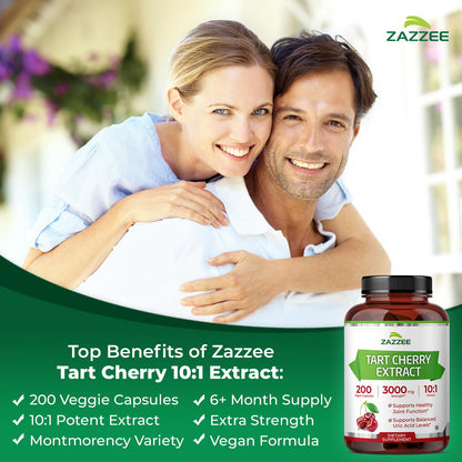 Zazzee Tart Cherry 10:1 Extract, 200 Vegan Capsules, 6+ Month Supply, Montmorency Cherry, Certified Kosher, Joint & Uric Acid Support, Antioxidant Support Formula,