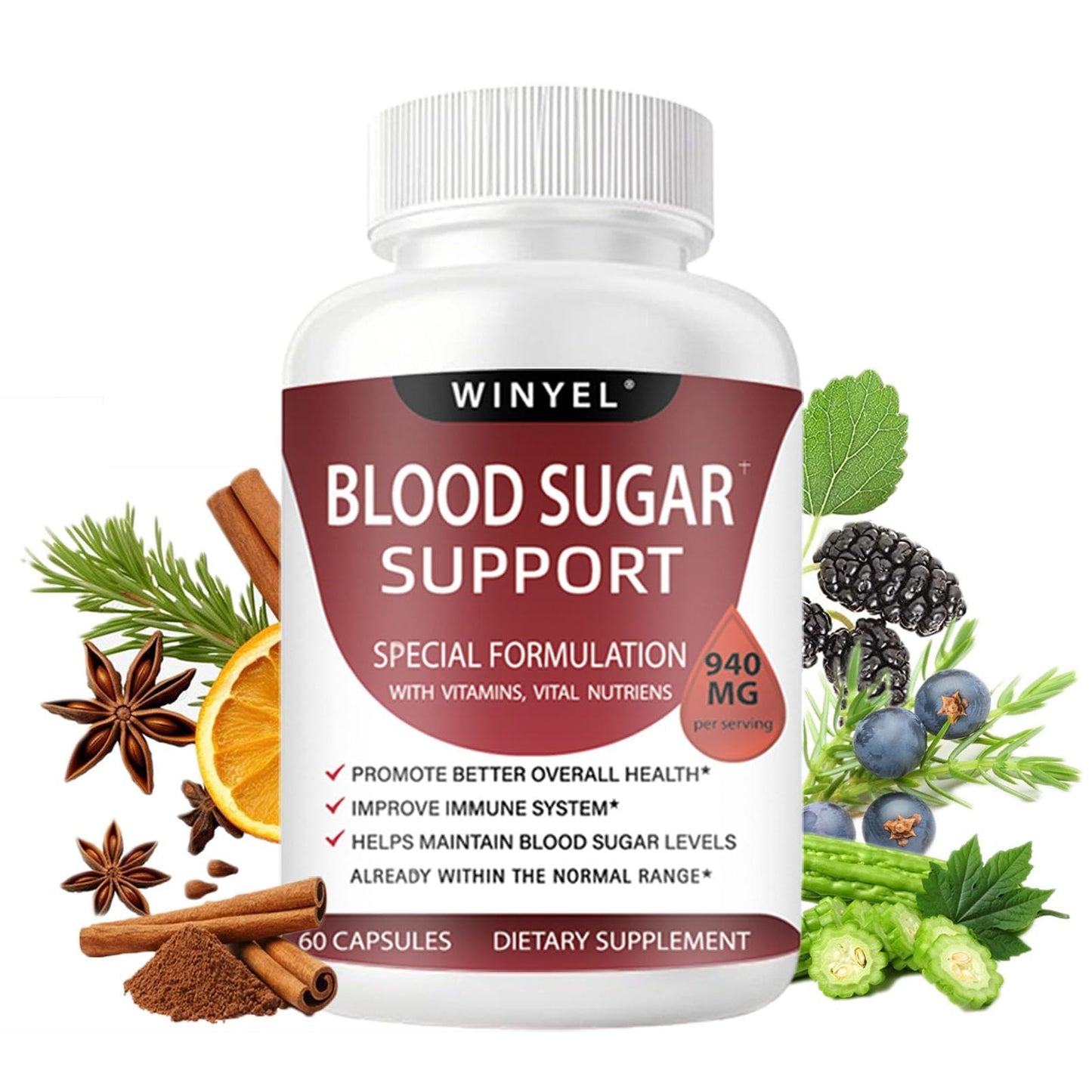 WINYEL Blood Sugar Complex Supplement - with Cinnamon, Bitter Melon, Chromium, Mulberry, Alpha Lipoic Acid, 60 Capsules
