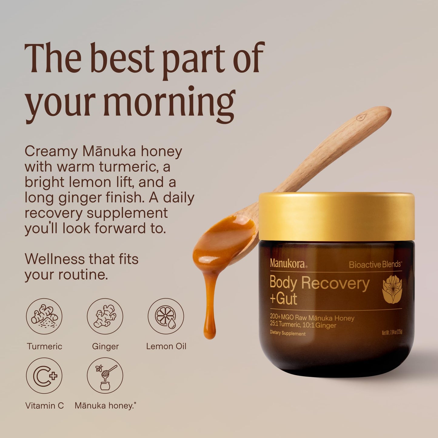 Manukora Body Recovery + Gut Supplement, Turmeric & Ginger with Manuka Honey, Supports Recovery, Gut Health & Digestive Comfort, Improved Absorption, 3rd-Party Tested, Non-GMO, 225g Jar