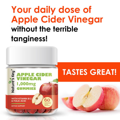 Nature's Key Apple Cider Vinegar Gummies -1000mg 60 Count,  Digestion, Natural Detox & Cleanse | Vegan, Non-GMO, Gluten Free