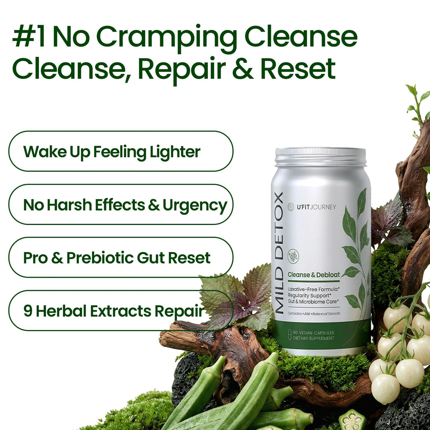 U+FITJOURNEY Mild Detox 12-in-1 Senna-Free Gut & Colon Cleanse - Non-Stimulant Overnight Constipation Relief & Debloat for Women & Men with Prebiotic