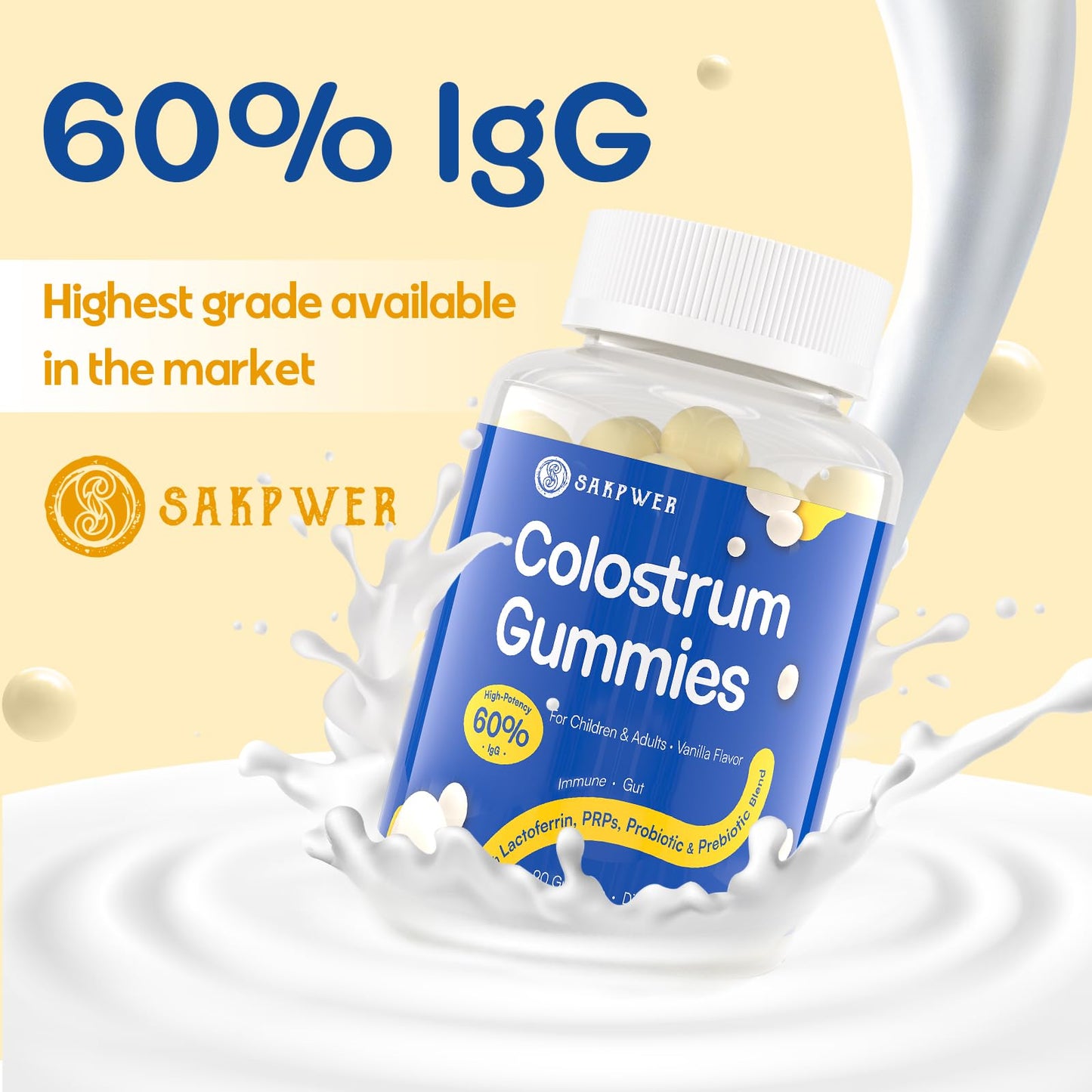 Sakpwer Bovine Colostrum Supplement Gummies - with 60% Highest IgG, Lactoferrin, Probiotics and Prebiotics for Adults and Kids