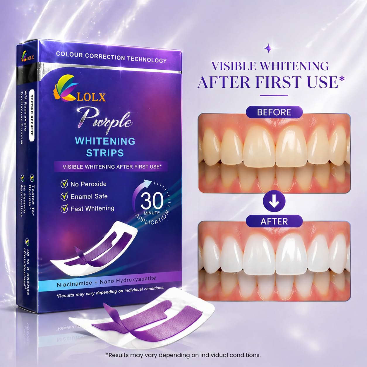 Purple Teeth Whitening Strips, Enamel Safe for Sensitive Teeth, Removes Yellow Stains & Bad Breath, Non-Slip Dry Strip Technology