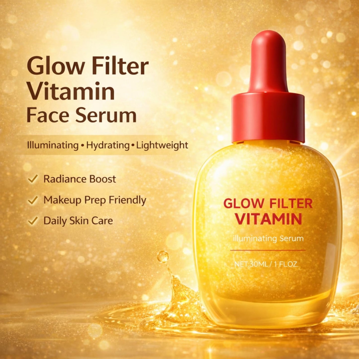 Glow Filter Vitamin Face Serum, Illuminating Glow Facial Serum for Glowing Skin, Hydrating Lightweight Makeup Prep Serum, Radiance Boost